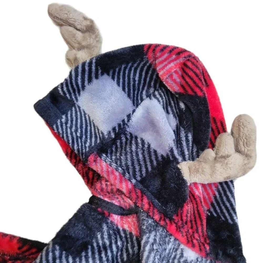 Boys M 8/10 Cuddl Duds Moose/Deer black/red Checkered Plaid Winter Hooded Robe